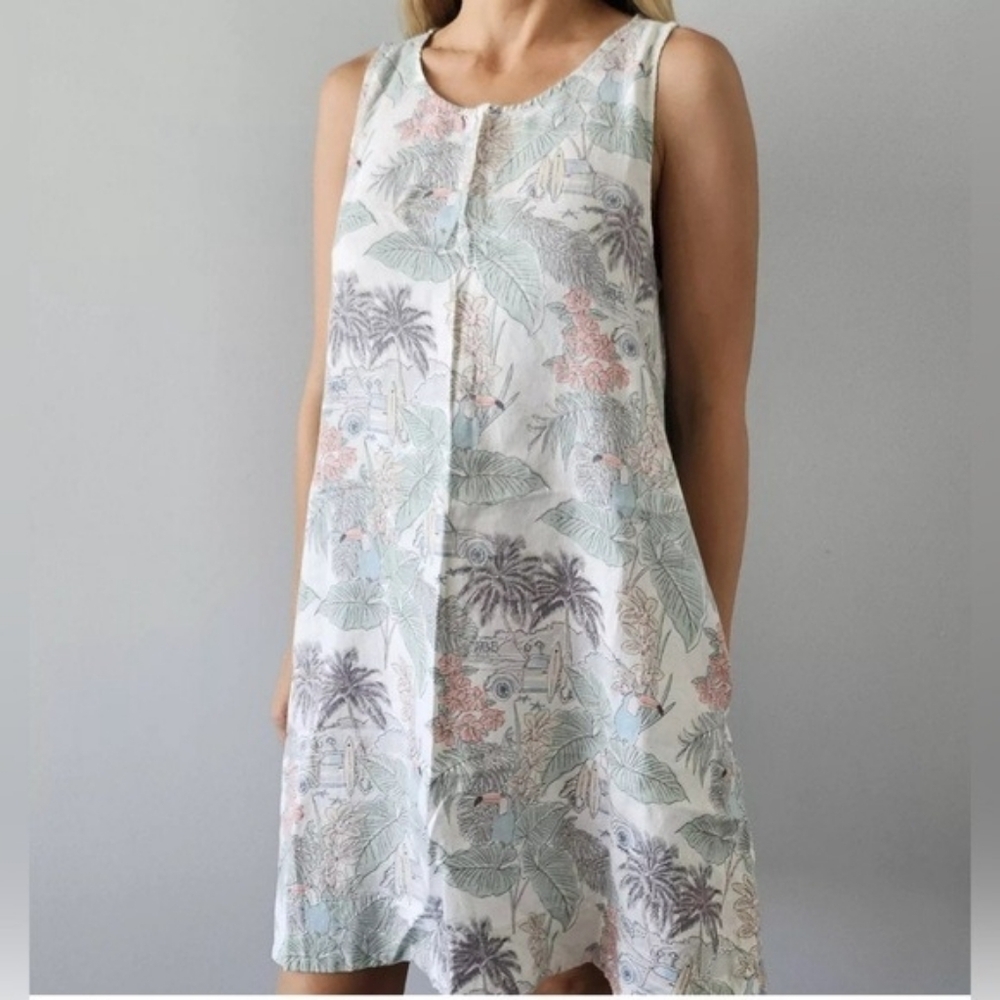 C&C California Tropical Palm Floral Toucan 100% Linen Sleeveless Dress Size 1X